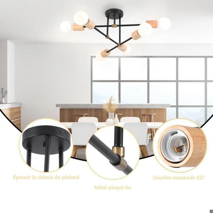 UNI Plafonnier 6x E27 Luminaire Vintage Industrielle Lustre pour Cuisine Chambre Salon en bois