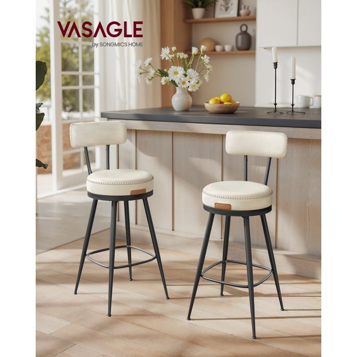 Tabouret de bar pivotant - VASAGLE - Lot de 2 - Pivotant à 360° - Avec dossier - Hauteur 65 cm - Crème - PU - Stable