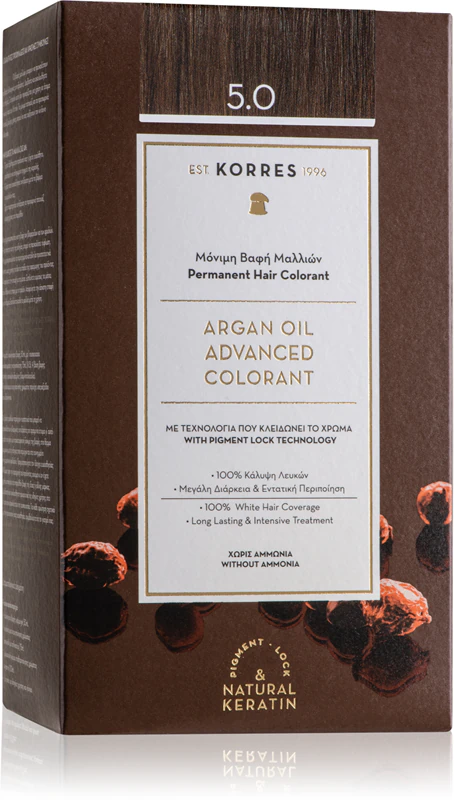 Corante permanente para cabelo Korres com óleo de argan.