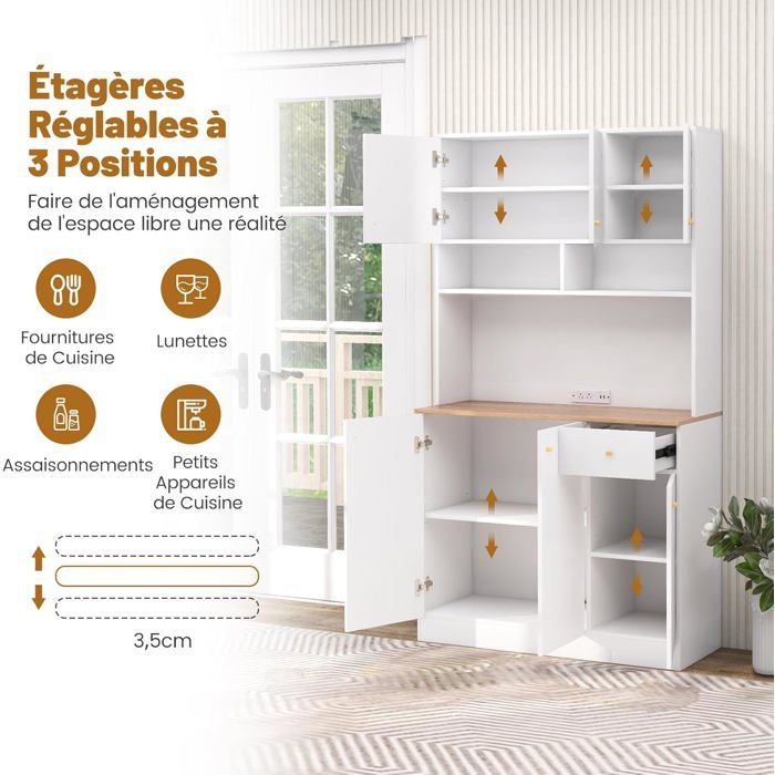 Aparador de cocina COSTWAY con enchufes, puertos USB, estantes ajustables en 3 posiciones y kit antivuelco, 100 x 40 x 181 cm