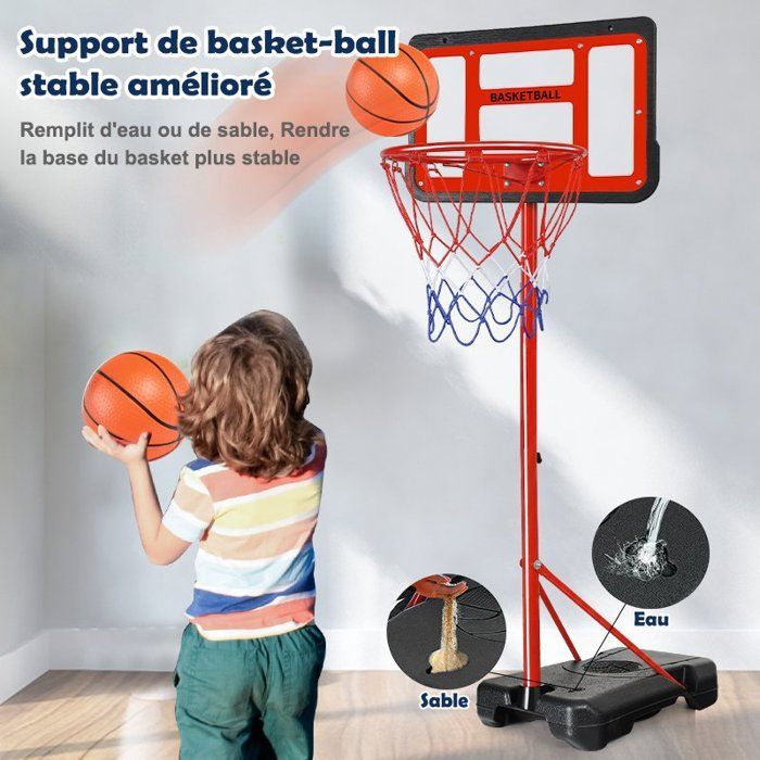 Panier de Basket sur Pied - Hauteur Réglable 1,48 - 2,5m avec Filet et Ballon, Portable Exterieur Interieur pour Enfants - Rouge