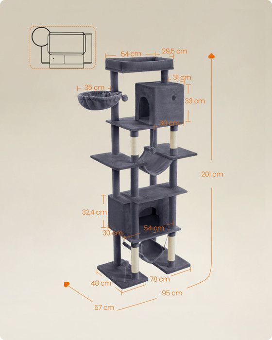 201cm Cat Tree, XXL Size, Multi-Level, 1 Platform, 1 Basket, 2 Caves, 2 Hammocks, Anti-Tip Device, Dark Grey