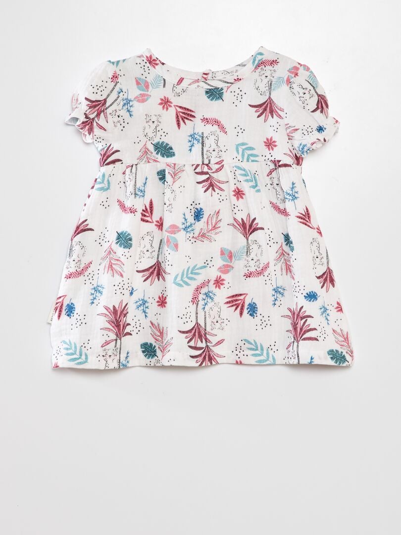 Jurk van katoengaas met print 'Petit Béguin' + hoofdband - BEIGE