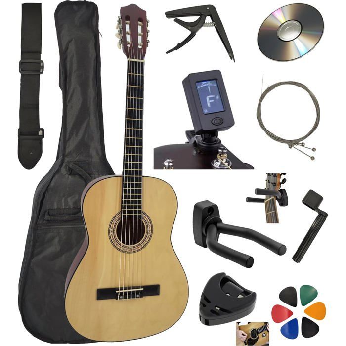 AMROVA Pack Guitare Classique 3/4 (Enfant 8-12 ans) + 10 Accessoires (Housse, Accordeur) + Cours Vidéo & CD (Naturel, 3/4,