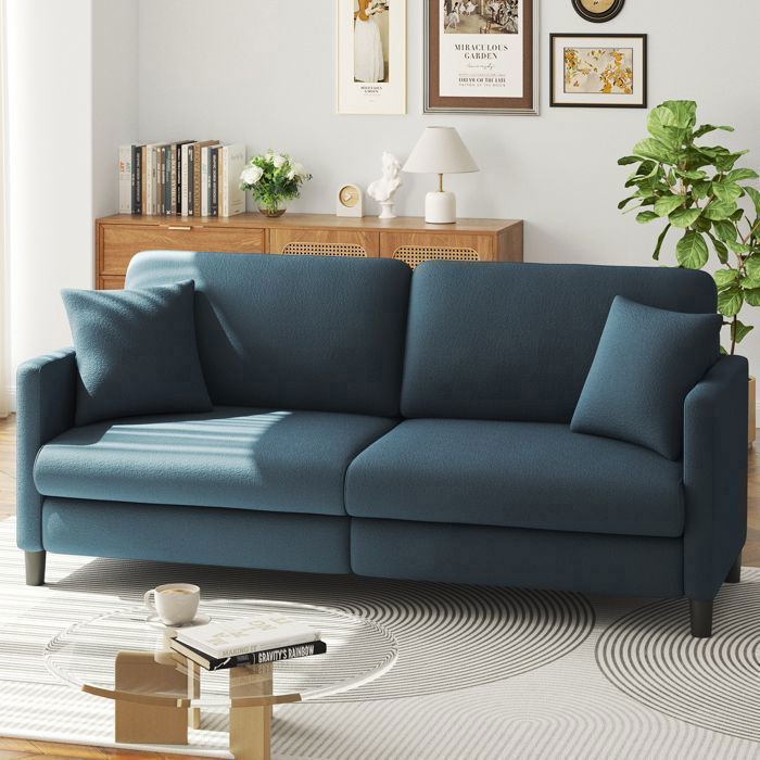 3-Seater Teddy Velvet Sofa in Blue Grey for Living Room, Bedroom, Scandinavian Style with 3 Cushions, 2 Pillows, 193×78×85CM