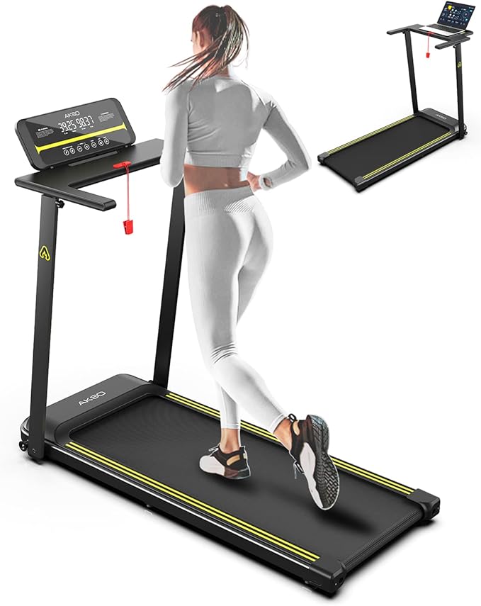 Hopfällbart löpband med skrivbordsarbetsstation, AKSO hopfällbart löpband med kapacitet på 136 kg, bärbara minilöpband för hemmakontor med smart app, justerbar LCD-skärm, lätt att fälla ihop kompakt löpband