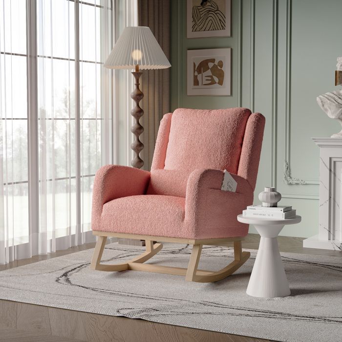Schommelstoel, voedingsstoel, fauteuil, voedingsschommelstoel, teddyfluweel, roze