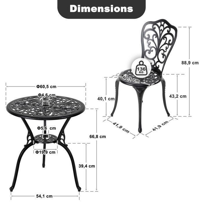 Conjunto de muebles de jardín Avestar de 3 piezas de aluminio fundido: mesa de bistró con orificio para sombrilla (Ø 4,5 cm).