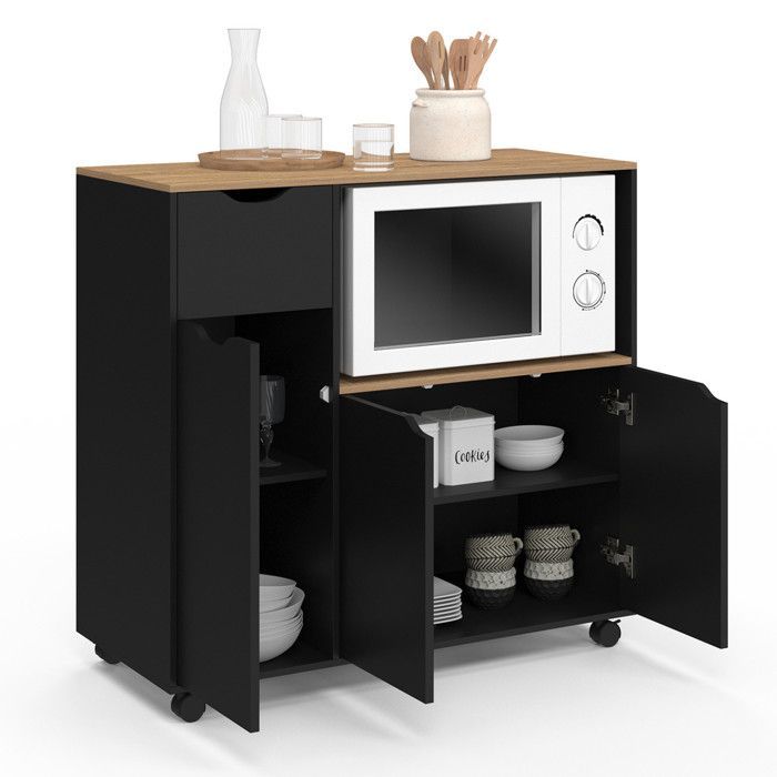 IDMARKET COSI XXL keukenwagen met magnetron, kastjes, zwarte houten lade en planken met beukenlook, 90 cm breed