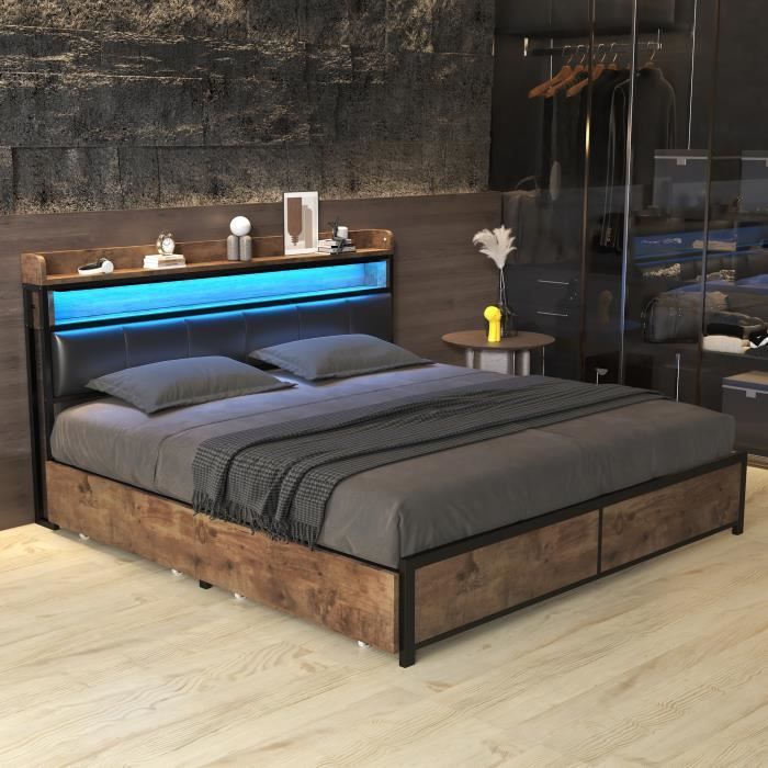 Cama - PERGAR - 180x200 cm - Tapizada con LED - 4 cajones - Negra
