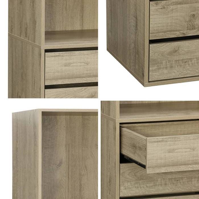 Armario con 5 cajones y 2 estantes. Acabado natural. Paneles laminados.