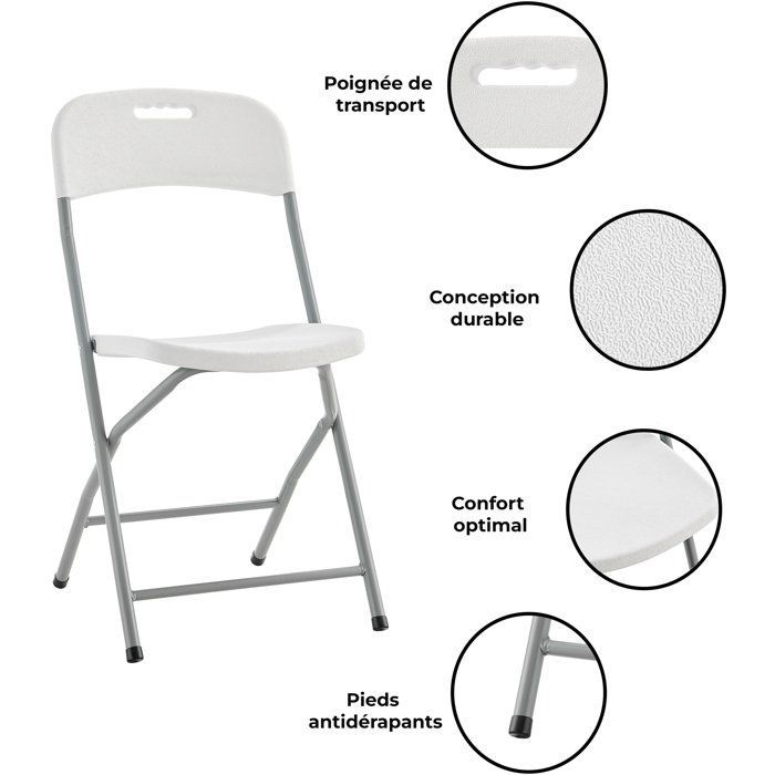 Lot de 2 chaises de réception pliantes - TERRANOVA - 48x44,5xH86 cm - Structure en acier et assise en Polyéthylène PEHD - Blanc