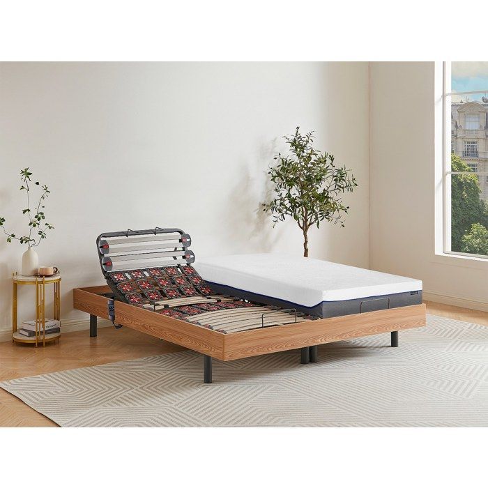 Cama eléctrica de relajación con somier de láminas y muelles + colchón de espuma viscoelástica - 2 x 80 x 200 cm - Roble - DIONYSOS de YSMÉE