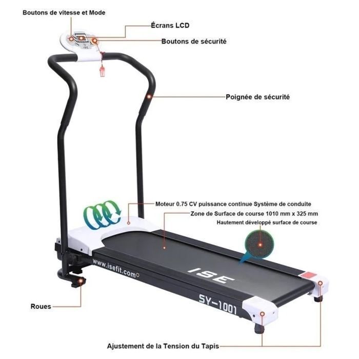 ISE Folding Treadmill - Electric Motorized 10 km/h - 0.75HP, 750W - Compact, Quiet - 4 Programs, Transport Wheels
