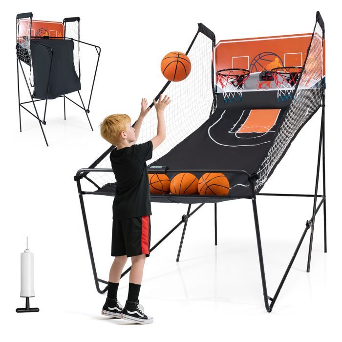 COSTWAY Foldable Children's Arcade Basketball Game - 8 Game Modes - Electronic Scoring - Sound Effects - 4 Players - LED Screen - Double Hoop