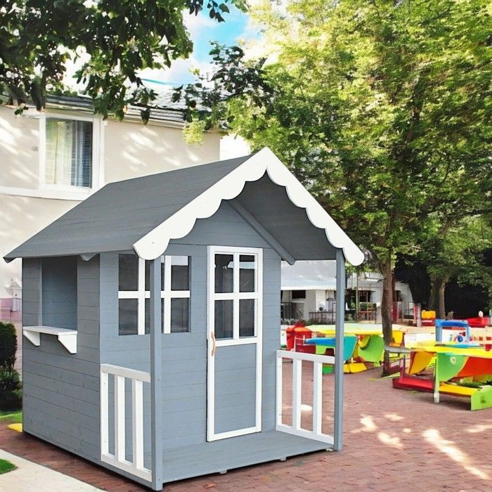 Maison enfant en bois - GINGER HOME - Véranda intégrée - Bois de pin massif - Gris