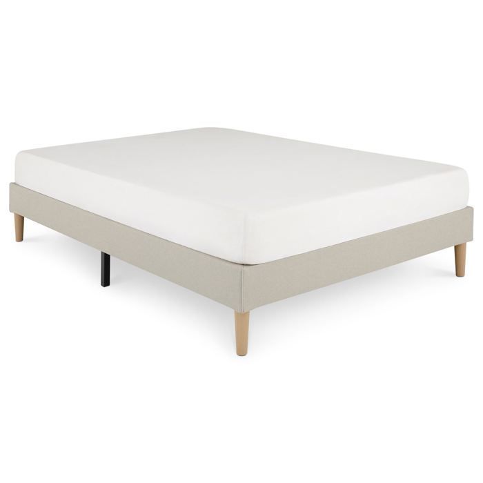Base de cama tapizada VANNES de 120 x 190 cm, estructura de madera y revestimiento de tela beige, estructura de cama con patas y somier de láminas.
