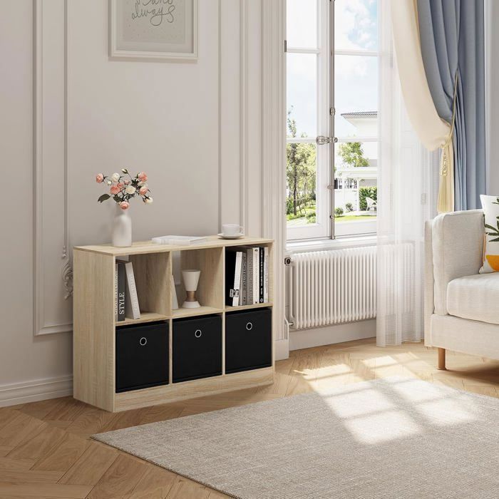 WOLTU Bibliothèque, Meuble de Rangement, Étagère avec 6 Casiers, Meuble Cube, 3 Tiroirs en Tissu, 80x30x60cm, Chêne Clair W0ATT0295