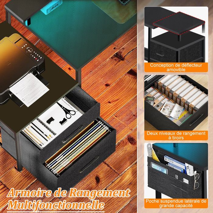 Bureau Gaming en Forme L-120x120x75CM-Bureau d'angle avec Étagères-Avec Support de Moniteur-2 USB+LED-3 Prises-2 Tiroirs-Noir