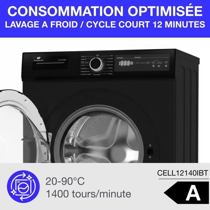 Lavadora de carga frontal CONTINENTAL EDISON CELL12140IBT - 12 kg - Ancho 59,6 cm - Clase energética A - 1400 rpm - Motor de inducción - Negro mate