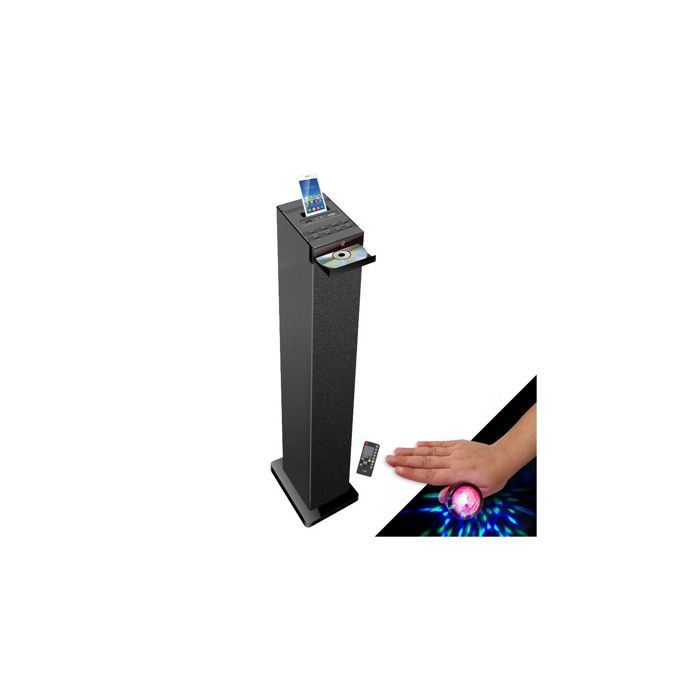 Black 60W HiFi tower speaker with CD player, Bluetooth, FM and USB speakers, remote control, and LED light rings (gifts included).