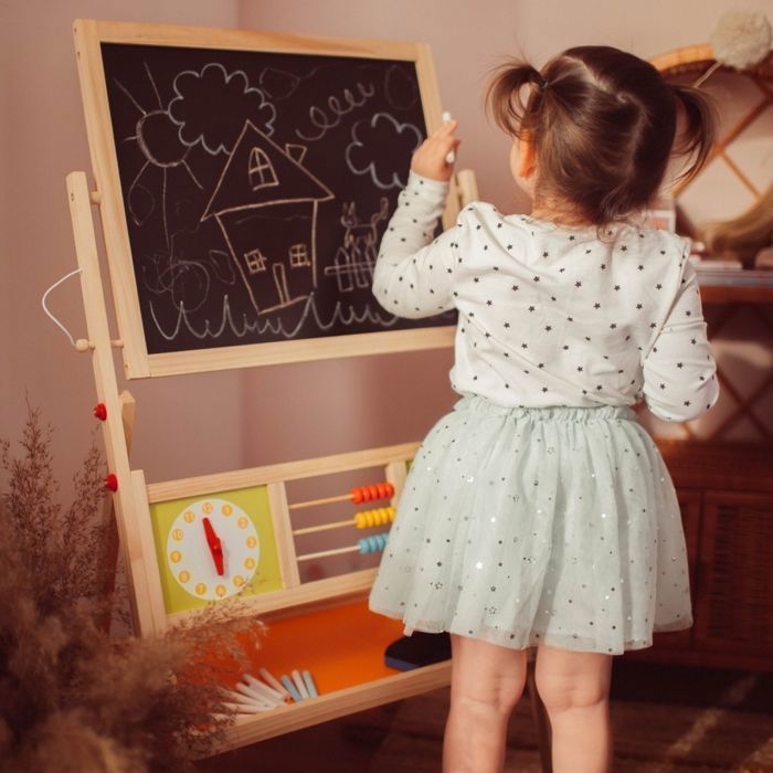 Tableau Enfant en Bois 98x45x42cm - 2 Faces - Blanc Magnétique et Noir à craie - Chevalet Enfant avec Montre, Alphabet &