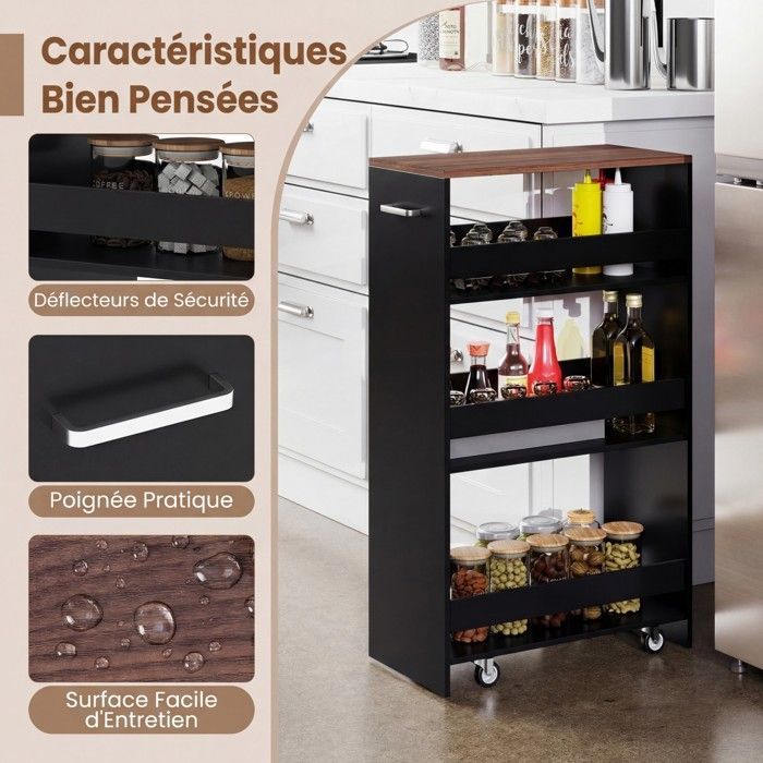 GIANTEX Narrow Kitchen Trolley with Wheels and Brakes - 47.5x25x80.5cm - 4-Tier Serving Cart with Handle - Black + Brown