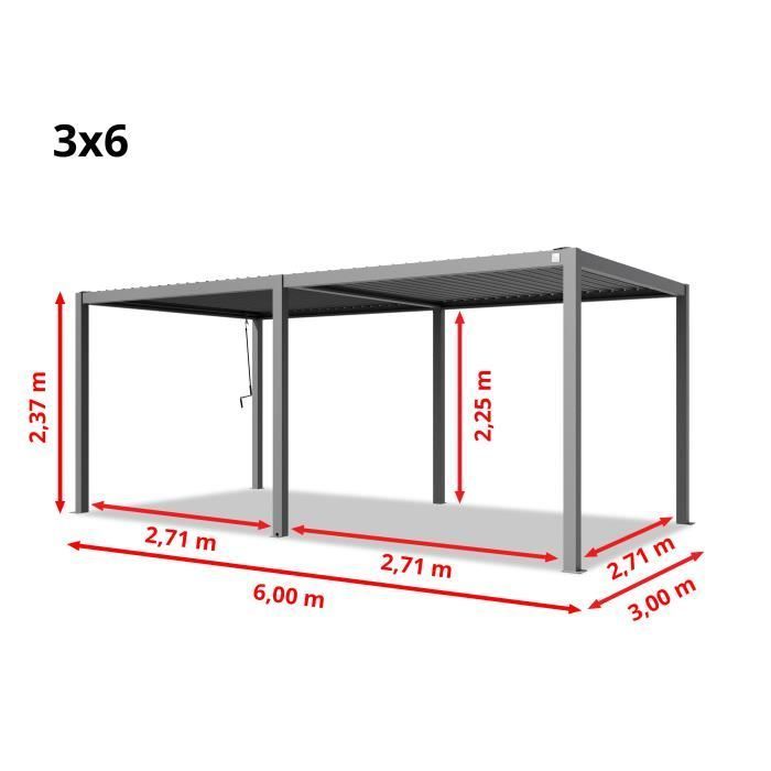 Pérgola PRIMEYARD de 3x6 m con postes de aluminio y lamas de acero ajustables, pabellón gris.