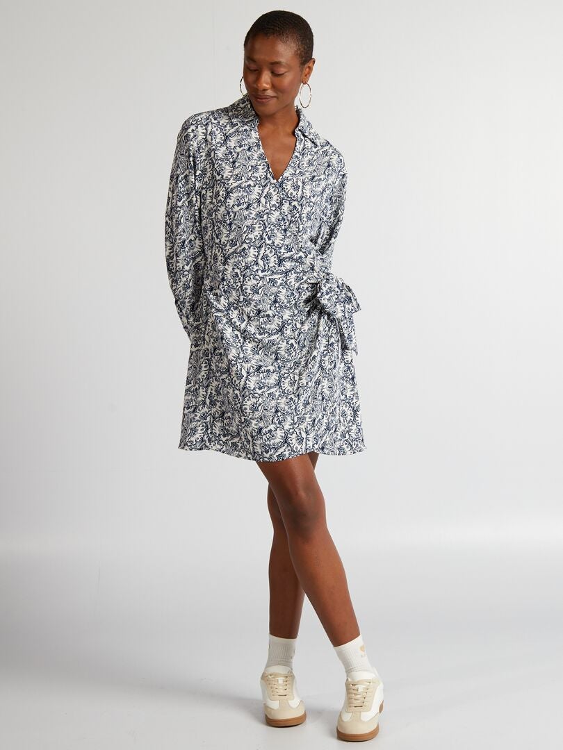 Jurk met print en strikceintuur - BLAUW