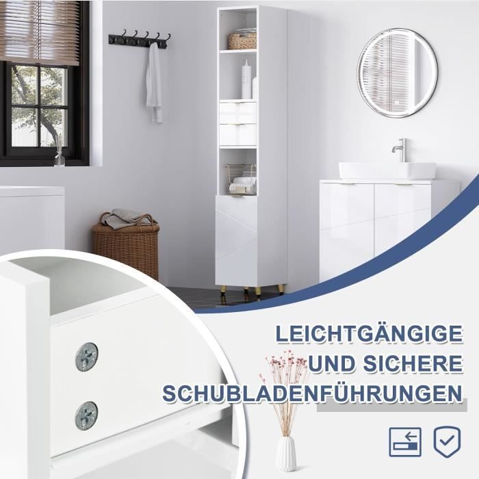 EUGAD Colonne Salle de Bain en MDF, 3 Compartiments, 2 Tiroirs et 1 Placard avec Porte, Étagère Réglable, Blanc Brillant, E0IG1032