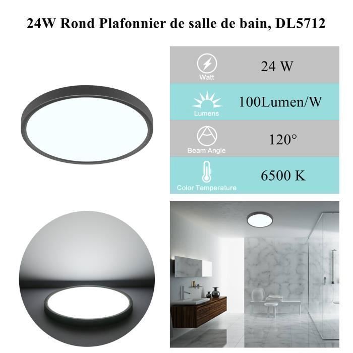 Lámpara de techo LED Dorlink, lámpara de techo para baño de 24 W, 6500 K, resistente al agua IP50, negra, Ø 30 cm [Clase energética E]