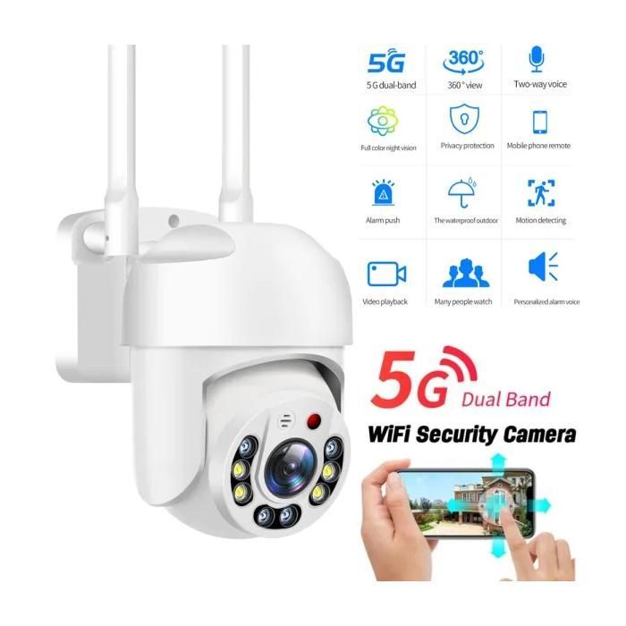Telecamera di sicurezza domestica PRUMYA da 2 MP con Wi-Fi 5G, audio bidirezionale, visione notturna e grado di protezione IP66.