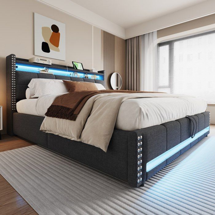 Cama tapizada de 180 x 200 cm. Cama doble con espacio de almacenamiento, iluminación LED y puerto USB, cabecero con estantes y sistema hidráulico. Color gris.