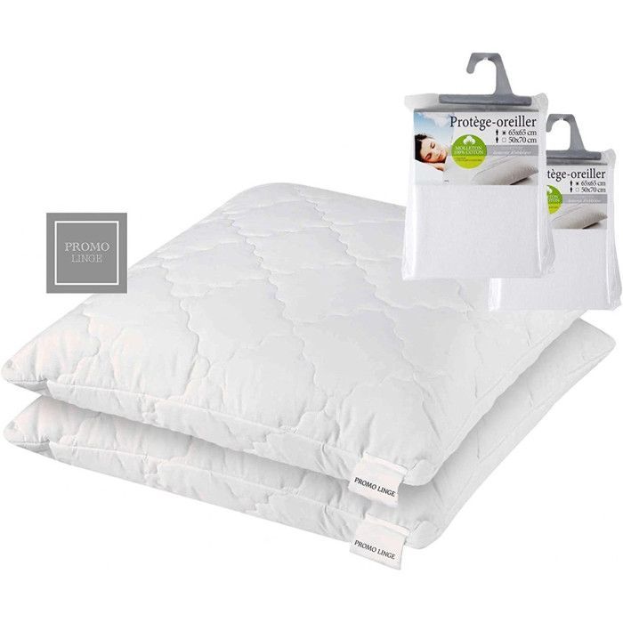 Set mit 2 Kissen (65 x 65 cm), Memory-Schaum, spezielle Nackenstütze, PROMOLINGE + 2 Kissenschoner (65 x 65 cm)