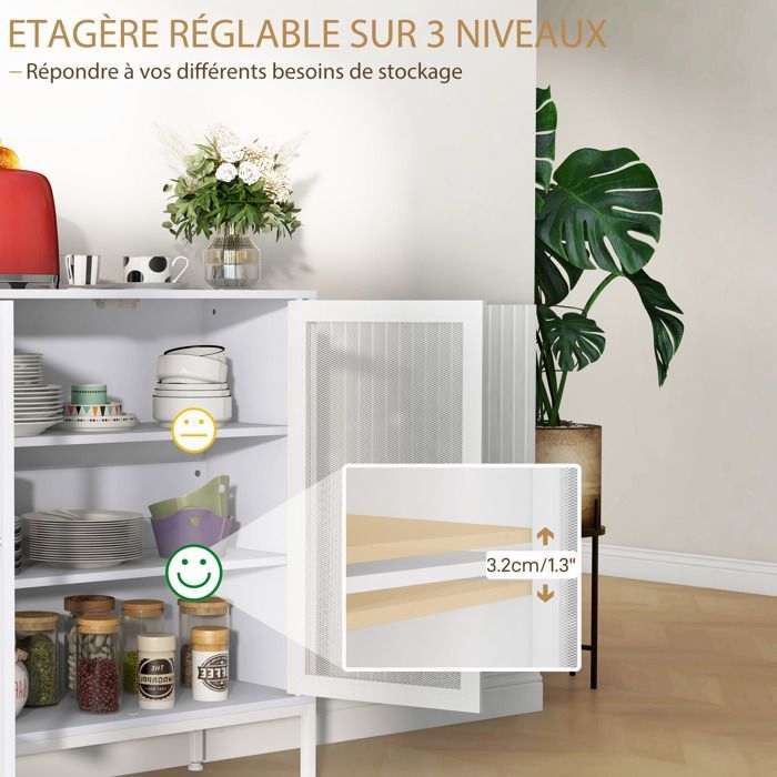 Kitchen sideboard - HOMCOM - 3 tiers - mesh doors - adjustable shelf - modern - for living room and dining room - white