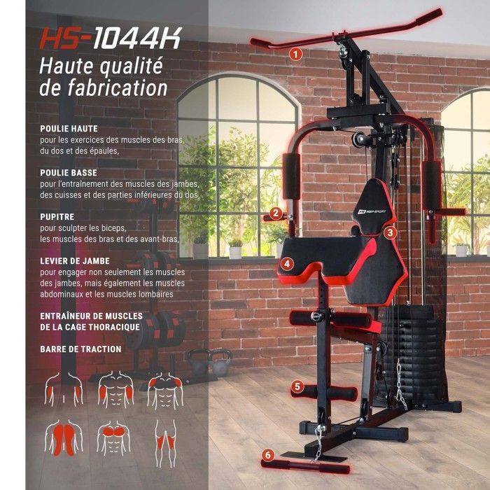 Hop-Sport HS-1044K Multifunktionell styrketräningsstation, Fitnesscenter, Multigym med remskiva, fjärilsträning och 66 kg vikter