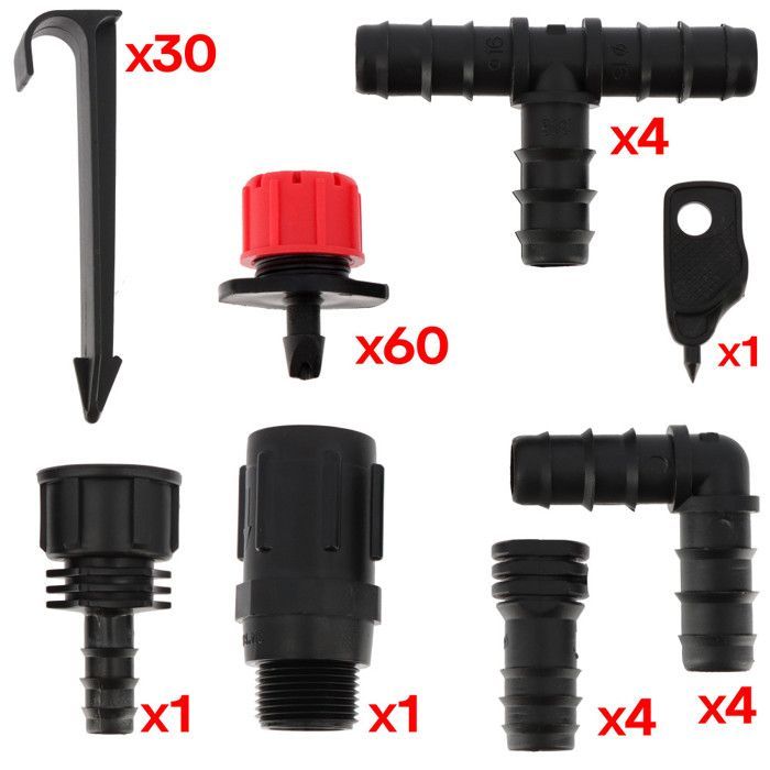 Kit d'arrosage goutte à goutte - Tuyau 30m dia16mm -  60 goûteurs à débit eau réglable - Système irrigation Serre Plante Potager
