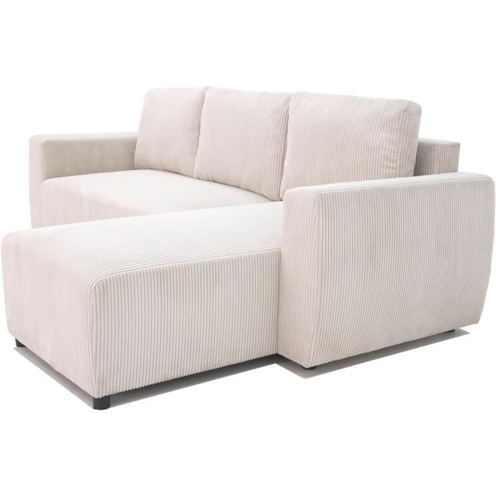 Sofá cama esquinero reversible PHARELL de 3-4 plazas - Pana beige - Compartimento de almacenamiento - Ancho 230 x Profundidad 155 x Alto 95 cm
