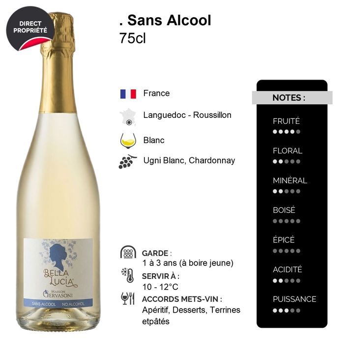Maison Gervasoni Alcohol Free Bella Lucia Sparkling - White Wine from Languedoc - Roussillon (6x75cl) Alcohol Free