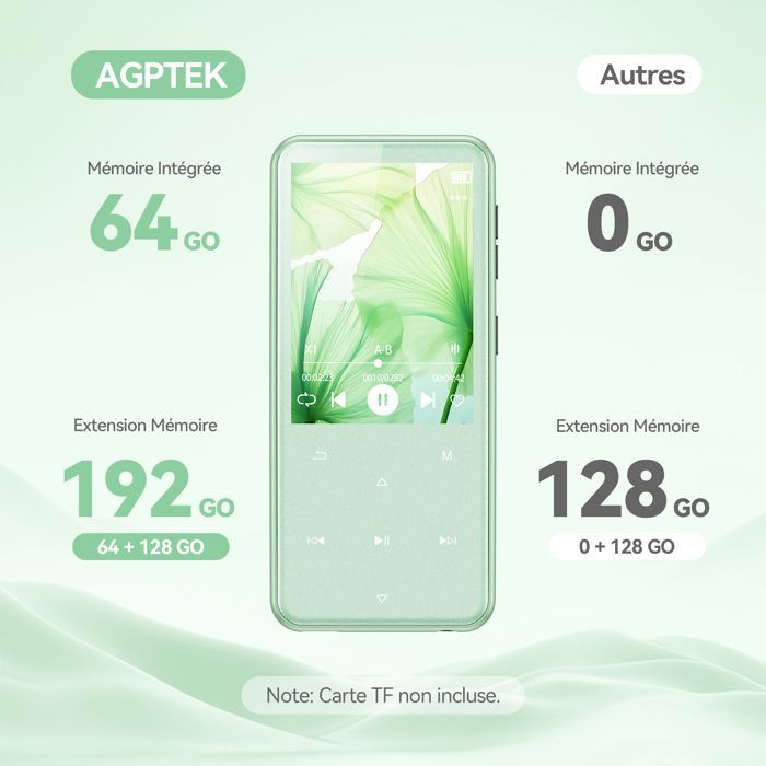 AGPTEK 64Go MP3 Bluetooth 5.3, 2.4‘’ Grand Écran, Haut-Parleur Lecteur Musical HiFi avec Bouton Tactile/Radio FM/Enregistreur, Vert