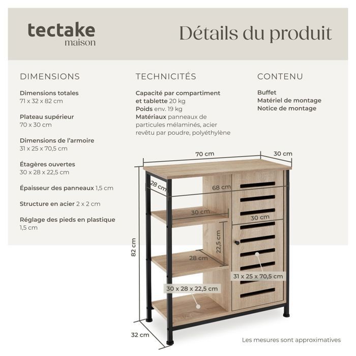 Buffet - TECTAKE - Buffet de cuisine en acier et bois avec 2 étagères réglables et portes magnétique 71 x 32 x 82 cm - Bois clair
