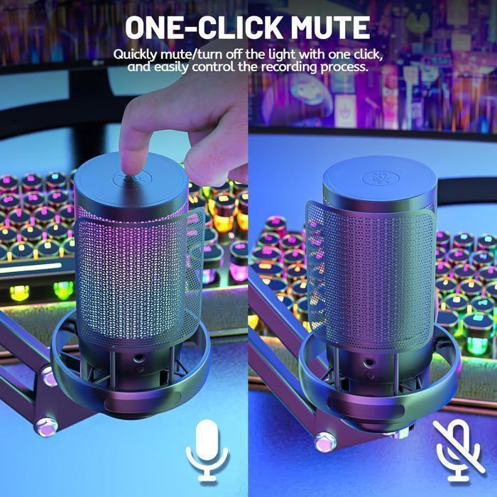 Condenser Microphone, RGB 24-bit/192 kHz, with Pop Filter/Mute/Gain/Monitor/Microphone Arm - Black - for PS4, Laptop, PS5, Mac OS