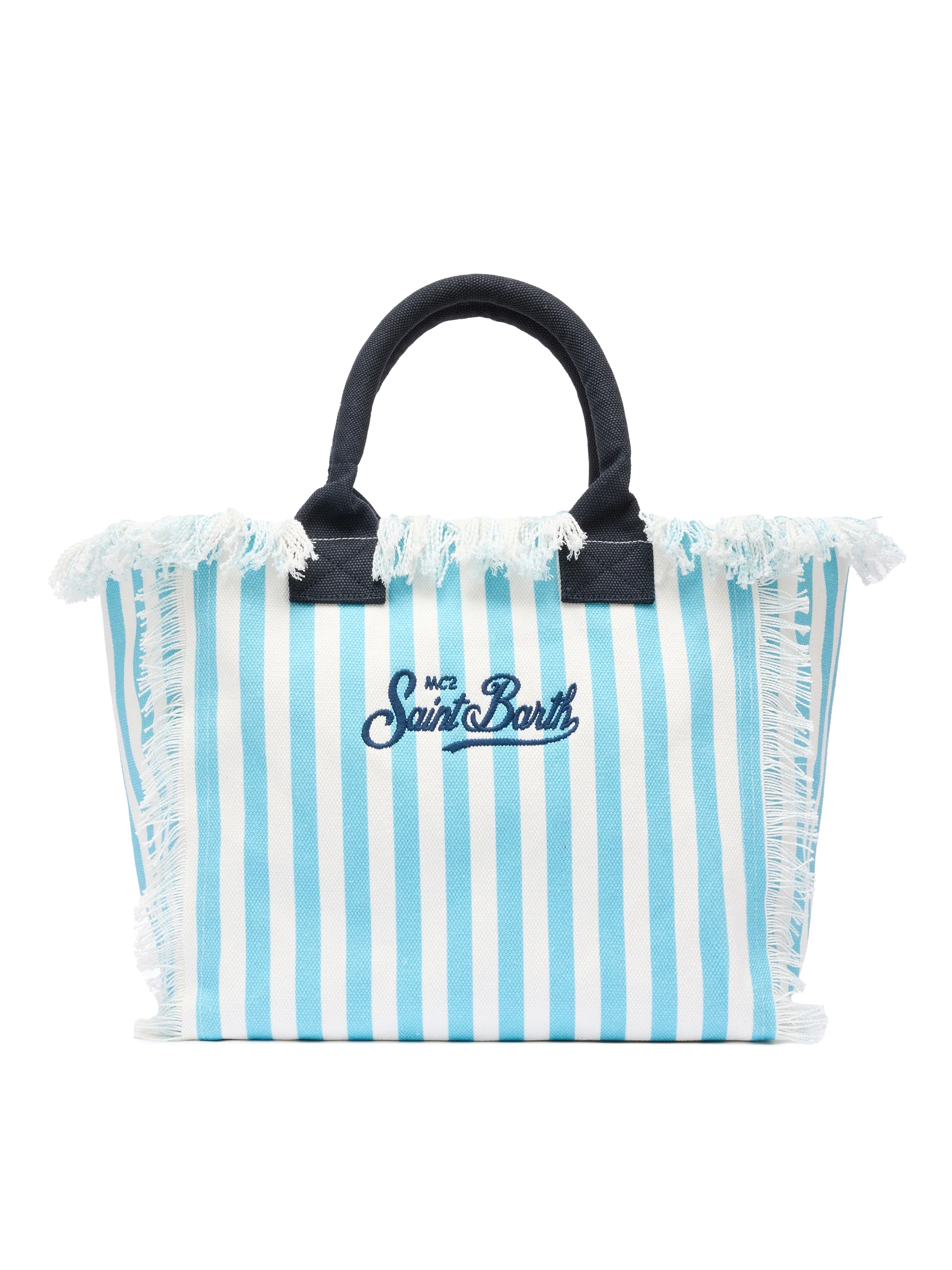 Bolsa tiracolo estilo vanity em lona de algodão com estampa listrada azul.