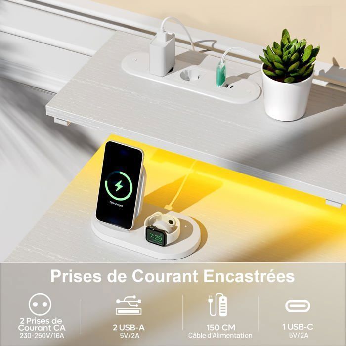 Escritorio HLONONE con 8 cajones de tela, 120 × 50 cm, escritorio para juegos con iluminación LED, tomas de corriente y puertos USB, escritorio para gamers, blanco.