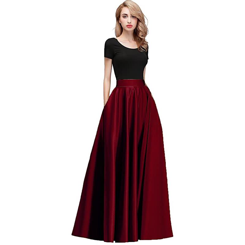Gonne da donna in raso lunghe fino al pavimento, a vita alta, eleganti, da ballo, da festa, con tasche e chiusura con cerniera posteriore.