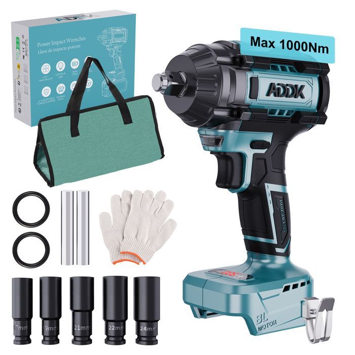 Llave de impacto inalámbrica sin escobillas de 1000 Nm - 5 vasos - 1/2 pulgada - 6 velocidades - Compatible con baterías Makita
