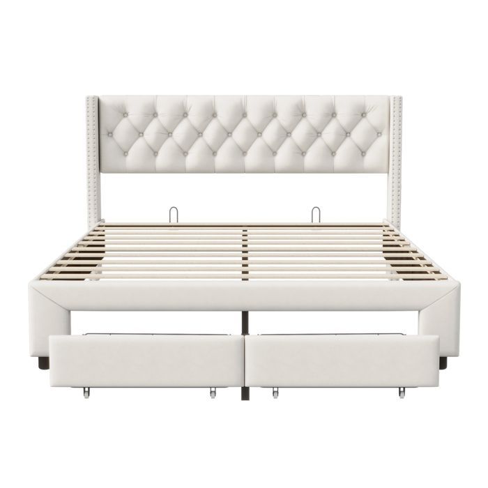 Volwassenenbed 140x190 cm - COZY - LED - fluwelen stof - lattenbodem - lade - bedframe 140x190 cm - beige