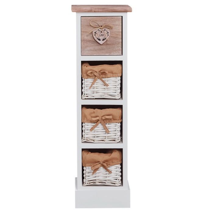 Cómoda FLOWER, de 70 cm de altura, en madera maciza blanca y marrón, con 1 cajón y 3 cestas, pequeño mueble de almacenamiento alto.