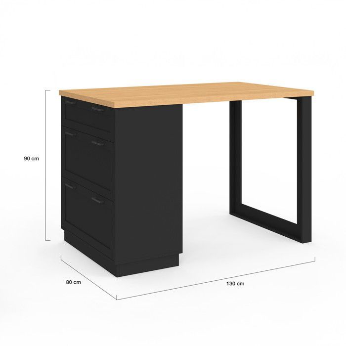 IDMARKET Ilot central mange-debout 4 personnes VITO 130 cm casserolier 3 tiroirs noir et plateau bois