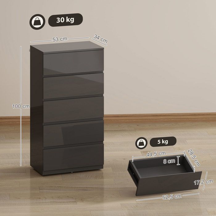 Cómoda de 5 cajones - HOMCOM - alto brillo - cierre suave y silencioso - tablero de partículas - 53 x 34 x 100 cm - gris